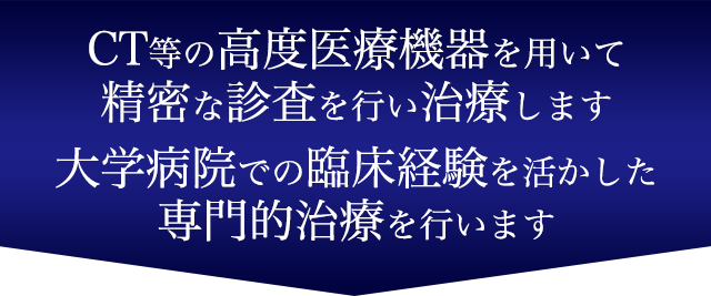 CT等の高度医療機器を用いて精密な診査を行い治療します。大学病院での臨床経験を活かした専門的治療を行います。